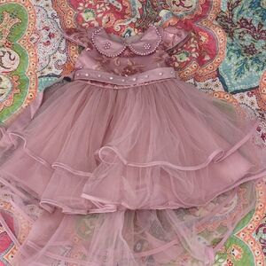 Girls' Pink Tulle Party Dress with Pearl Accents